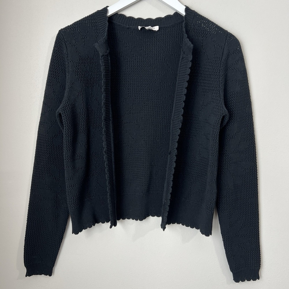 Rebecca Taylor Knit Cardigan Sweater Womens Small Scalloped Trim Sunflower Black